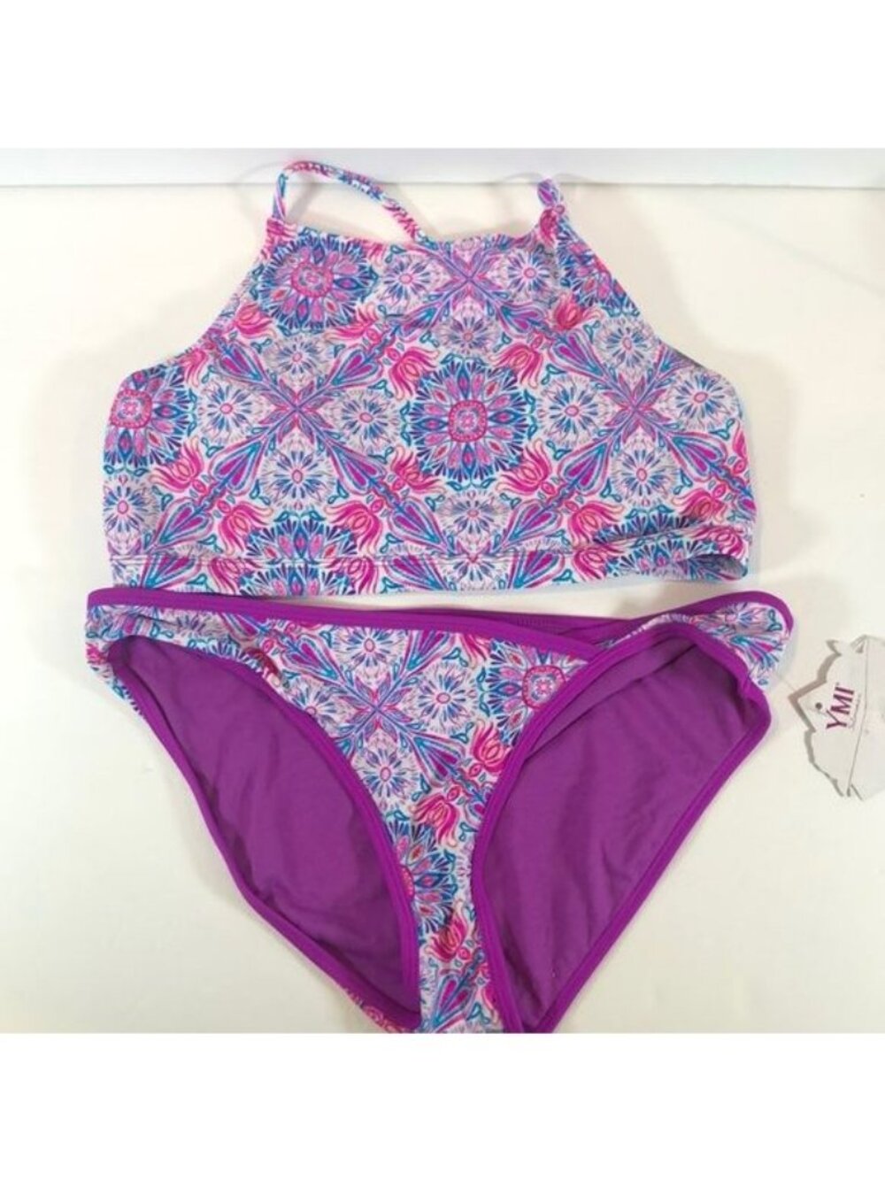 NWT YMI Swimwear Womens Pink Purple Floral Halter Bikini 2-Piece Set L LARGE
